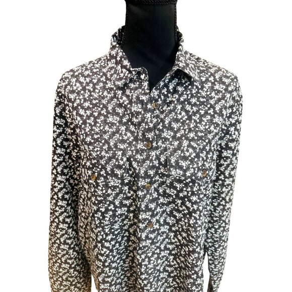 Lands End Womens Floral Button-Up Shirt XL/T Black White Tunic Top Peasant Casua - Picture 3 of 10